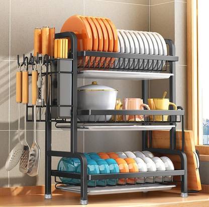 lukzer Dish Drainer Kitchen Rack Steel Multi-Functional 3 Layer Dish Dryer Rack with Drip Tray for Kitchen Counter