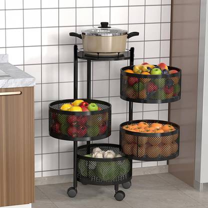 KUBER INDUSTRIES Fruits/Vegetables Kitchen Rack Iron 4-Layer Rotating Multipurpose Storage Rack Trolley with Wheels | Black