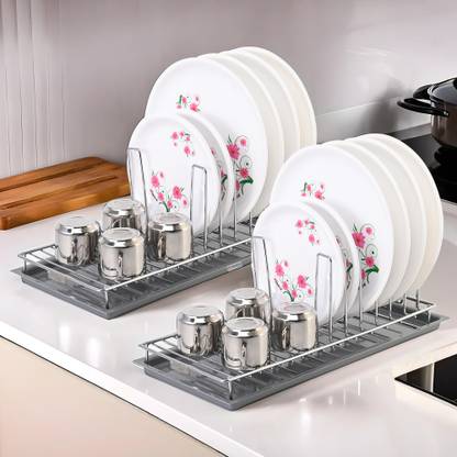 HOMESTIC Dish Drainer Kitchen Rack Steel 2 Piece Plate Holder/Dish Holder (Dish Rack) with Tray