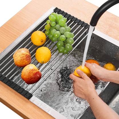 GaxQuly Dish Drainer Kitchen Rack Steel Stainless Steel Foldable Roll-Up Kitchen Sink Crockery Vegetable Utensils Rack
