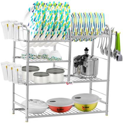 MAGS Utensil Kitchen Rack Steel 4 Shelf Stainless Steel Wall Mount Kitchen Utensils Rack Stainless Steel | Dish Rack with Plate & Cutlery Stand | Modular Kitchen Storage Rack |Dish Drainer Kitchen Rack Unique Design | Shelves and Racks Steel