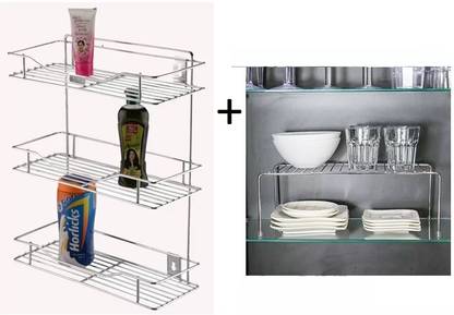 Somkala Cup Kitchen Rack Steel presents a combo pack of 3 layer kitchen and washroom rack + dish rack
