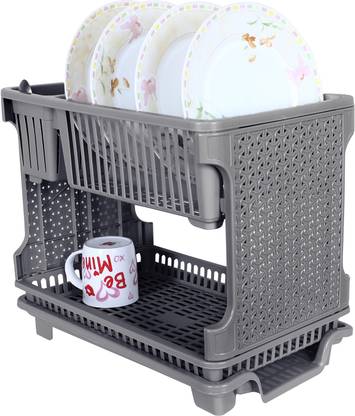 KUBER INDUSTRIES Dish Drainer Kitchen Rack Plastic Plastic Dish Rack with Drainer|Dish Rack|Bartan Stand for Kitchen|Gray
