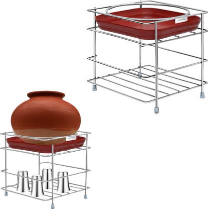 Plantex Matka Kitchen Rack Steel, Plastic Matka Stand/Steel 2-Tier Matka Stands for Kitchen/Round Water Pot with Tray