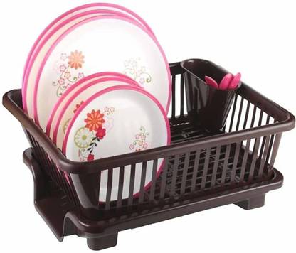 Quickmart Dish Drainer Kitchen Rack Plastic 3in1 Large Sink Set Rack Pink Drying Washing Basket&Tray