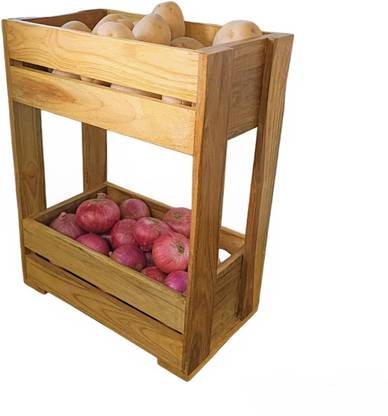 Wisekrafter Fruits/Vegetables Kitchen Rack Wood 2Tier Wooden Multipurpose Onions/Potato/ Storage Basket/ Rack/ Shelf KR020