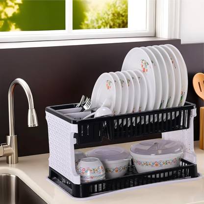 KUBER INDUSTRIES Dish Drainer Kitchen Rack Plastic Plastic 2-Tier Dish Drainer Storage Rack for Kitchen | Black & White