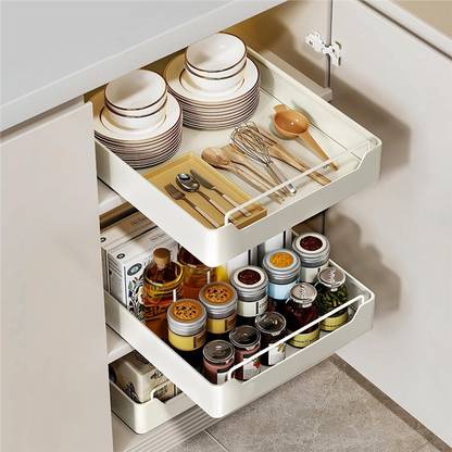 Deoxys Containers Kitchen Rack Carbon Steel Pull Out Cabinet Drawer Organizer Fixed with Adhesive,Slide Out Drawer