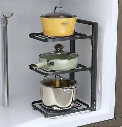 KUBER INDUSTRIES Utensil Kitchen Rack Carbon Steel 3-Layer Pots and Pans Organiser Rack With Adjustable Pot Lid (Black)