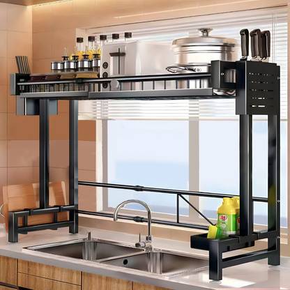iBELL Dish Drainer Kitchen Rack Carbon Steel DR193 Dish Drying Rack, Over Sink Organizer, Bartan Stand, Shelf for Utensils,