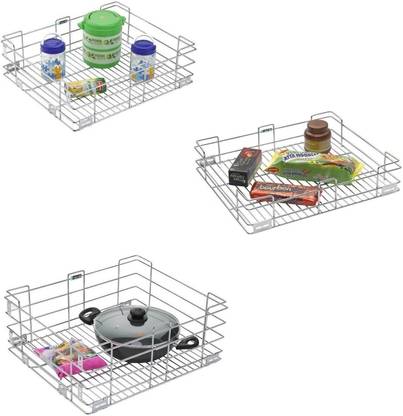 SMART SLIDE Utensil Kitchen Rack Steel 15 x 18 Inch Pack of 3 Plain Stainless Steel Wire Basket for Modular Kitchen / Kitchen Drawer / Kitchen Cabinet / Utensil Kitchen Rack / Storage Organizer for Kitchen