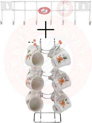KITCHEN KART Utensil Kitchen Rack Steel Cup Stand with 8 Hook Hanging