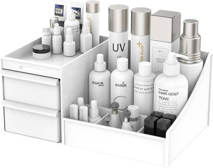 Dealdona Multi Grid Plastic Desktop Storage Cosmetic Organizer with 2 Drawer Vanity Box Sundries Cosmetics Box Modern Countertop Storage for Dressing Table Vanity Box