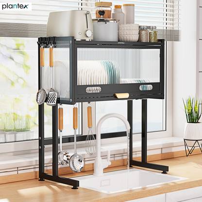 Plantex Dish Drainer Kitchen Rack Plastic, Steel Dish Drying Rack/Kitchen Storage Rack/Dish Rack with Cover for Kitchen Dish Rack