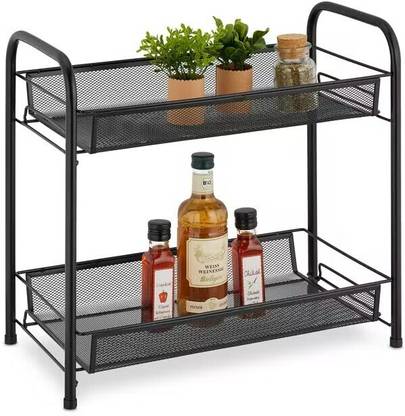 S-B-S Store Utensil Kitchen Rack Iron Mesh Spice Rack Organizer for Countertop 2-Tier Foldable Metal Rust-Proof Rack