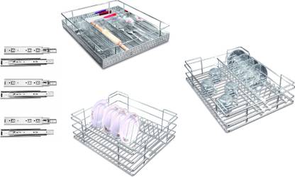Winstar Utensil Kitchen Rack Steel Set of 3 Modular Kitchen Basket(CT,CS,Plate) +3 Set 20" Channel (21Wx20D IN)
