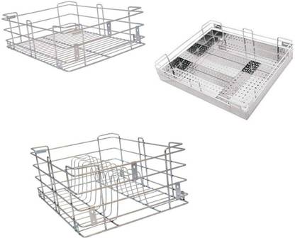Bloo Basket Utensil Kitchen Rack Steel Stainless Steel Modular Kitchen Basket Accessories cabinets Multipurpose drawer 6"plain, 4"cutlery, 8" Thali wired basket(20 Inch Width * 20 Inch Depth) set of 3
