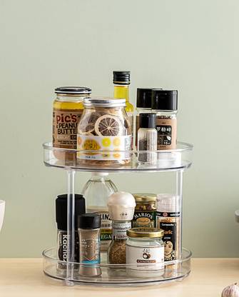 HOUSE OF QUIRK Containers Kitchen Rack Plastic 360 Degree Rotating Storage Tray (2 Tier, Clear)