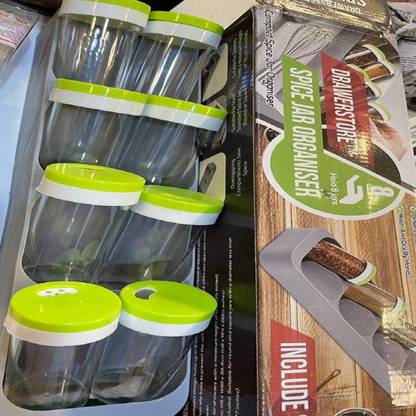 best selling Containers Kitchen Rack Plastic 8 Jars Spice Rack For Kitchen Storage Jar with parrot green lids, Masala Rack,