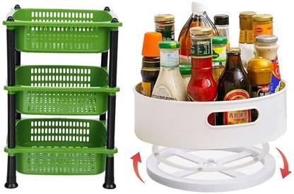 VM BOND Fruits/Vegetables Kitchen Rack Plastic Combo Set 360° Rotating Tray Plastic Big Basket Vegetables Kitchen Rack
