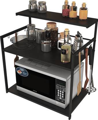 Design tech Containers Kitchen Rack Steel Metal Microwave & OTG Stand for Kitchen Oven Table with Multi-Platform and Hooks