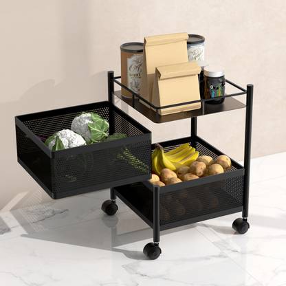 Plantex Containers Kitchen Rack Iron Multipurpose 3-Tier Rotating Storage Rack/Shelf/Basket/Trolley with Wheels-Black