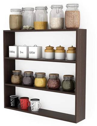 LCWDECOR Containers Kitchen Rack Wood Wooden 3 Step Kitchen Wall Stand, Wooden Kitchen Container Storage Rack