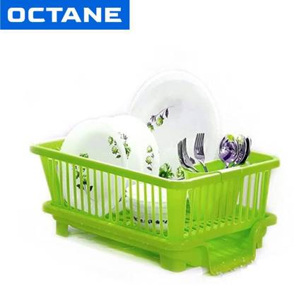 octane Dish Drainer Kitchen Rack Plastic 3 in 1 Large Sink Set Dish Rack (GREEN)