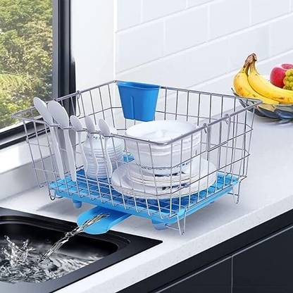 DEVRSHREE Dish Drainer Kitchen Rack Steel Basket with AUTO WATER DRAIN TRAY Spoon Holder