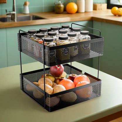 KUBER INDUSTRIES Fruits/Vegetables Kitchen Rack Iron 2-Tier Metal Square Kitchen Rack Stand Organiser | Black