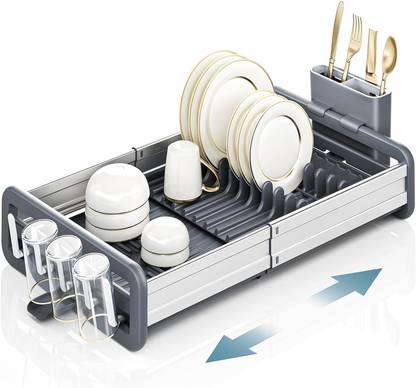 Plantex Dish Drainer Kitchen Rack Aluminium, Plastic Kitchen Storage Rack/Fold Flat Dish Drying Rack/Kitchen Bowls & Plates Organizer