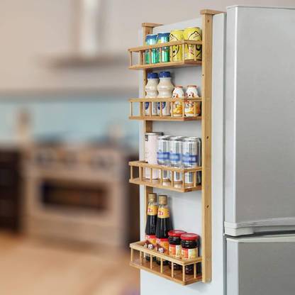 Livzing Utensil Kitchen Rack Wood 4 Tier Adjustable Bamboo Storage Rack - Multipurpose Wooden Layer Kitchen Bathroom Organizer Shelves - Fridge Side Hanging Shelf