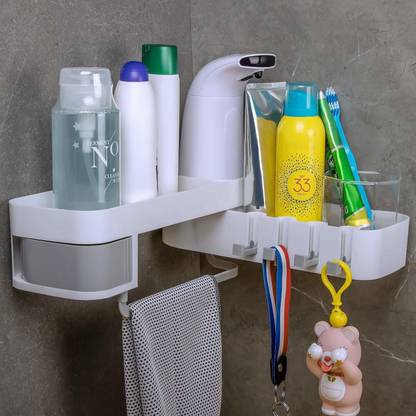 Zollyss Containers Kitchen Rack Plastic Adhesive Bathroom Shelf Rotating Shower Caddy Expandable Wall Mount Storage Rack
