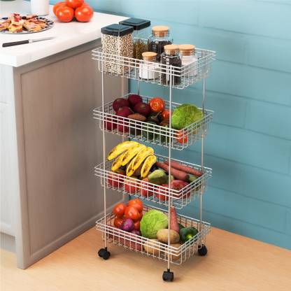 KUBER INDUSTRIES Fruits/Vegetables Kitchen Rack Steel Metal 4-Layer Fruits & Vegetable Stand / Kitchen Trolley with Wheels | Silver