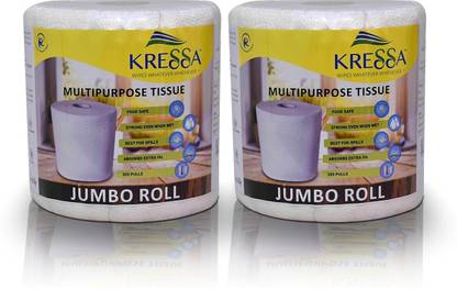 KRESSA Jumbo Multipurpose Paper Tissue Roll | Kitchen Roll 2 Rolls Total 600 Sheets 2 Ply 100% Natural Virgin Pulp