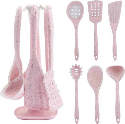 KITCHEN SHARP Pink Silicone Kitchen Utensil Set With Stand 6 Pcs Kitchen Tool Set