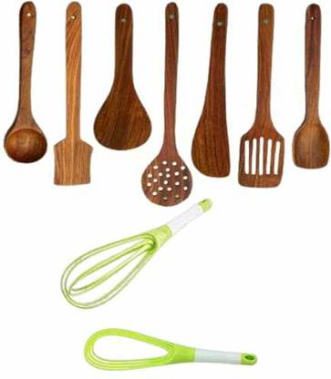 Elipkart SmartBuy COOKING SPOON SPATULA SET WOODEN HANDICRAFT WITH SILICON FOLDABLE WHISK MASHER Kitchen Tool Set