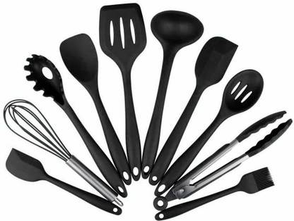rujave Silicone Kitchen Utensils Spoon Spatula Cooking Set- 10 Pcs Non-Stick with Wooden Handle- BPA Free, Heat Resistant Item, Flexible Non Toxic, Silicon Food Grade Cookware Tools-Multicolor Kitchen Tool Set