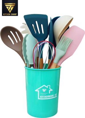 SILICONE KITCHEN-UTENSILS 11 Wooden Handle Silicone Kitchenware Multi-color Kitchen Tool Set Kitchen Tool Set
