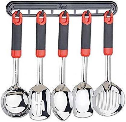 ZUCLLIN stainless steel 5 piece serving spoons set 1 flat spoon,1 square spoon, 1 Deep spoon for liquid food, 2 spoons for frying with hanger Kitchen Tool Set