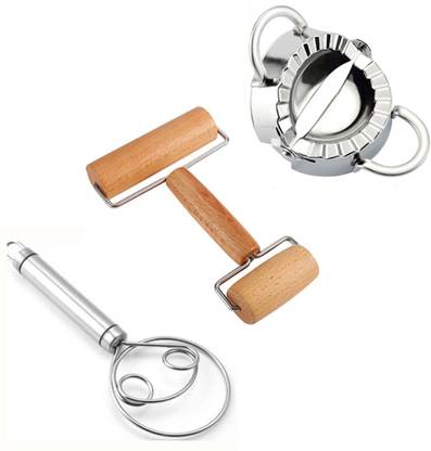 ExcitingDEalz 2-in-1 Rolling Pin + Dough Whisker + Dumpling Maker, karanji/Gujiya Mould Kitchen Tool Set