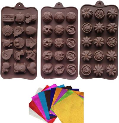 EXCEL ENTERPRISES Chocolate Molds Multi Flower House,Non-Stick 4x4 Inch 100Pc Foil Set of 4 Kitchen Tool Set