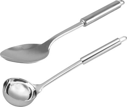 KUBER INDUSTRIES Stainless Steel Ladle & Spoon for Kitchen|Pack of 2|Silver Kitchen Tool Set
