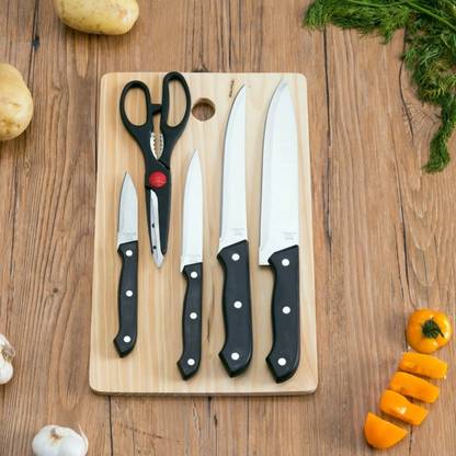 AVIRA OVERSEAS Wooden Chopping Board with Knife Set Stainless Steel Kitchen 5 Pcs Knife Set Kitchen Tool Set