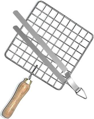 SOAINAM Papad Jali with Steel Tong Stainless Steel Wire Roaster with Wooden Handle Kitchen Tool Set