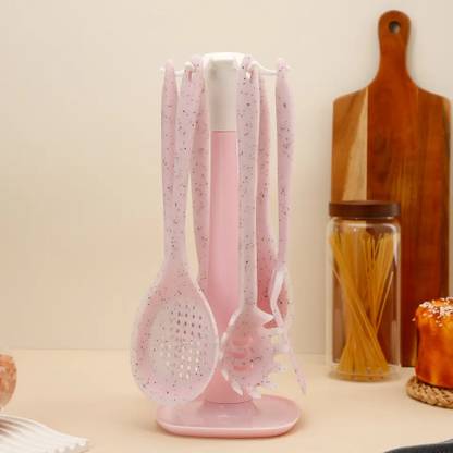 KITCHEN SHARP Pink Silicone Kitchen Utensil Set With Stand 6 Pcs Kitchen Tool Set