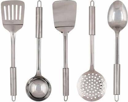 zero to infinity store Stainless Steel Pipe Handle Kitchen Tool Set for Cooking, Set of 5, 35 cm Length, Silver (Contains: 1 Ladle,1 Skimmer,1 Turner,1 Spatula,1 Slotted Turner) Kitchen Tool Set
