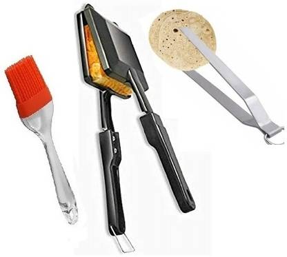 Nbird Aluminium Gas Toaster, Silicon Oil Brush and Steel Roti Chimta Kitchen Tool Set