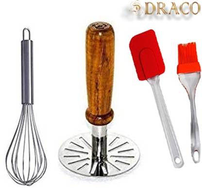 DRACO S_PM-W_Potatto Masher Wooden Handle, Egg Blender Butter Brush And Spatula_L_2 Kitchen Tool Set