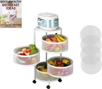 oldpapa Assembled Fruits & Vegetable Organizer Stand with Wheels Rotating Storage Basket Iron Kitchen Trolley